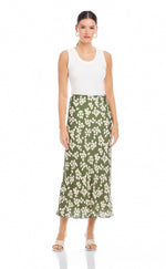 Load image into Gallery viewer, Eva Bias Ankle Skirt in Green/Off White Monotone Flowers Print
