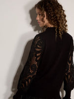 Load image into Gallery viewer, Ruffle Neck Crochet Sleeve Sweater in Black