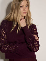 Load image into Gallery viewer, Ruffle Neck Crochet Sleeve Sweater in Burgundy