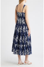 Load image into Gallery viewer, Floral Embroidery Front Tie Tiered Midi Dress in Navy