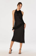 Load image into Gallery viewer, Blossom Satin Lace-Trim Midi Skirt in Black
