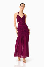 Load image into Gallery viewer, Elena Halter Neck Gown in Plum Red
