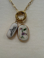 Load image into Gallery viewer, Hummingbird and Violet Portrait Charms on Gold Paperclip Chain w/ Carabiner