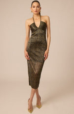 Load image into Gallery viewer, Delora Dress in Green w/ Gold Metallic Crinkle