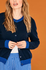 Load image into Gallery viewer, Lurex Trim Cashmere Cardigan in Candy/Blue Multi