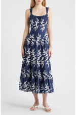 Load image into Gallery viewer, Floral Embroidery Front Tie Tiered Midi Dress in Navy