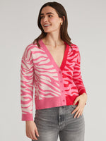 Load image into Gallery viewer, Nicole Colorblock Zebra Print Cardigan in Carmine Rose Multi
