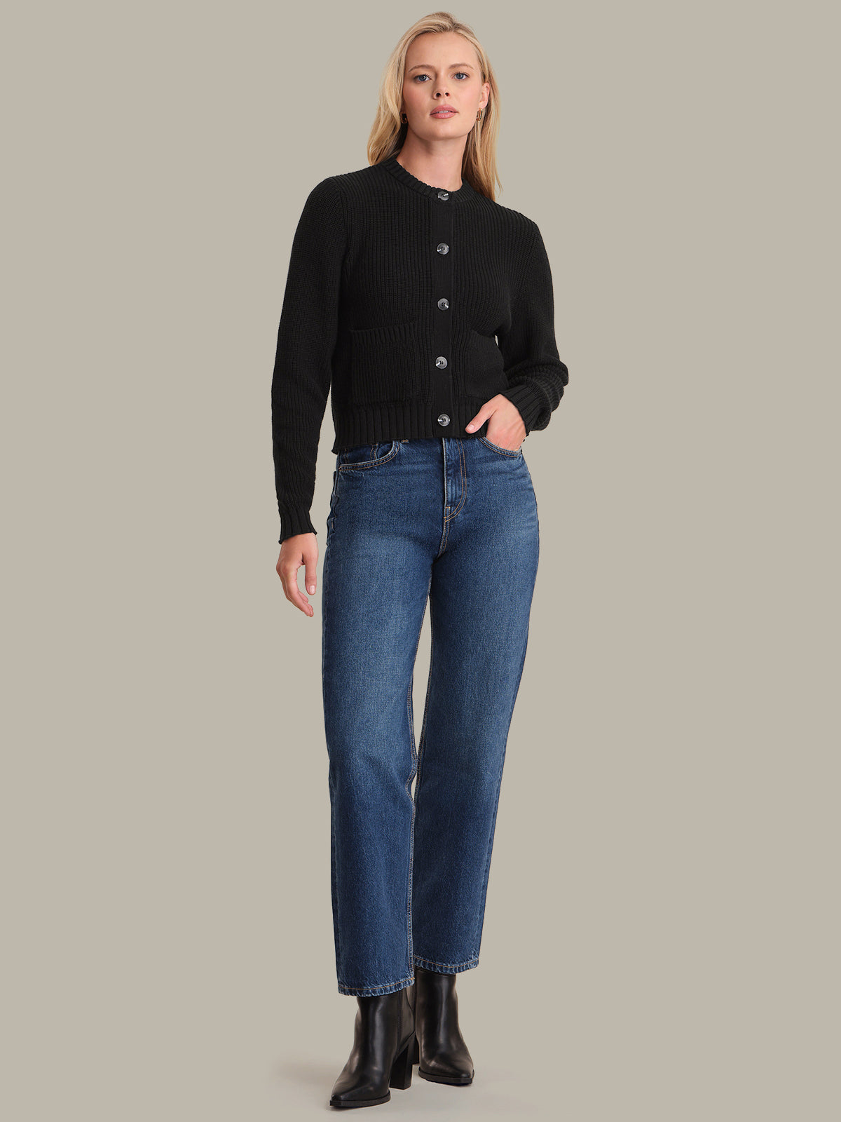 Palmer Crewneck Cotton Cardigan in Black