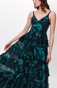 Freya Dress in Contrast Brushstroke Floral in Dark Blue