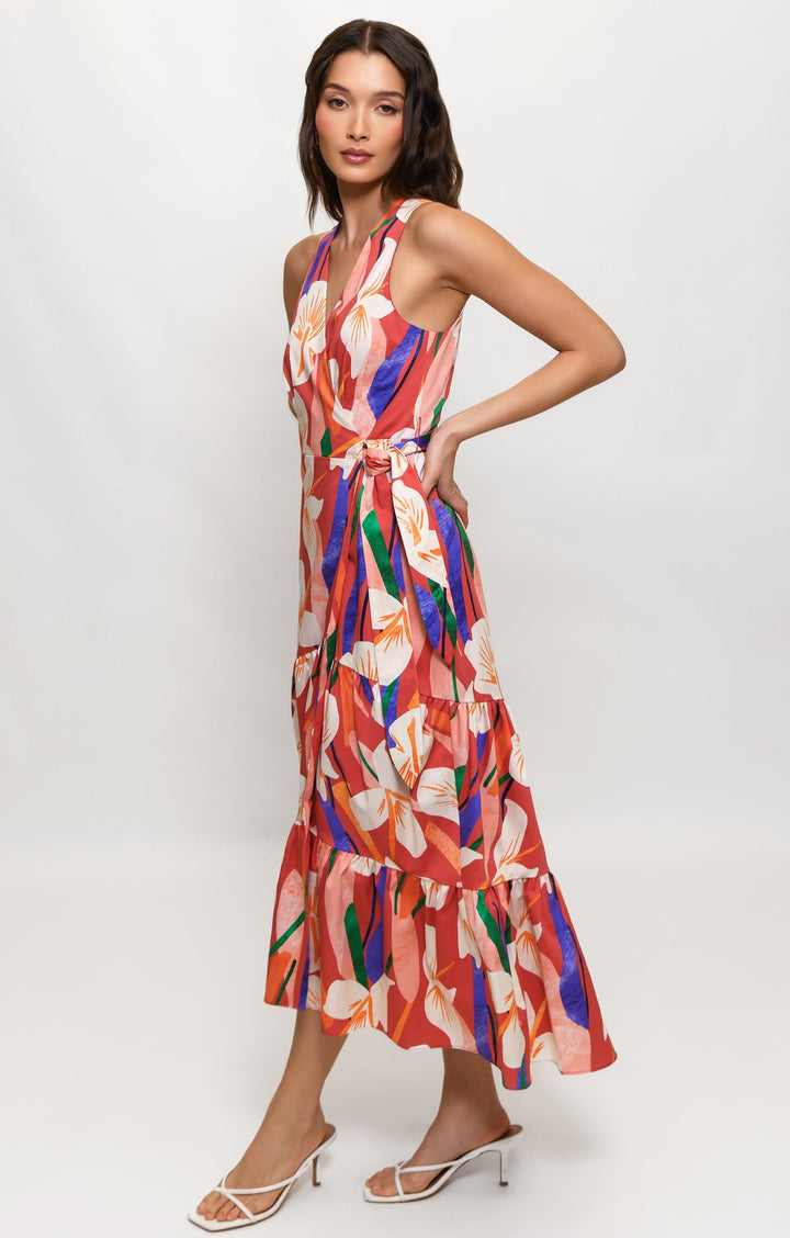 Stace Midi Wrap Dress in Brick Textured Orchids