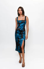 Load image into Gallery viewer, Angi Square Neck Midi Dress in Black Sketched Spacious Rose
