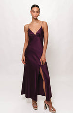 Load image into Gallery viewer, Emaline Bustier High-Slit Maxi Slip Dress in Blackberry
