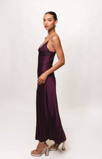 Load image into Gallery viewer, Emaline Bustier High-Slit Maxi Slip Dress in Blackberry
