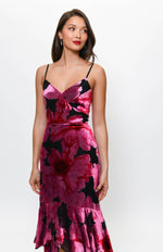 Load image into Gallery viewer, Royce Fitted Bodice Tiered High Low Dress in Black Pink Romantic Painted Floral
