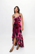 Load image into Gallery viewer, Royce Fitted Bodice Tiered High Low Dress in Black Pink Romantic Painted Floral
