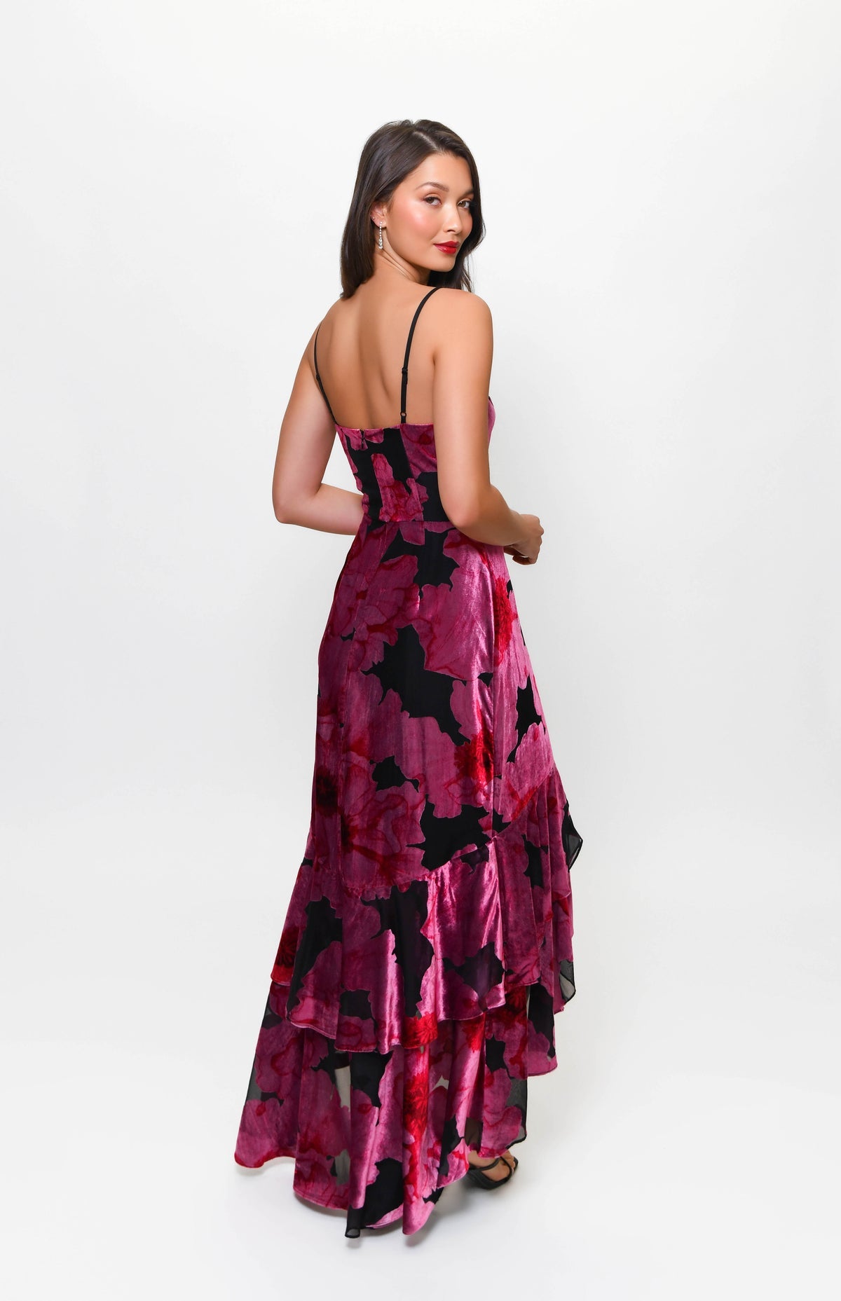 Royce Fitted Bodice Tiered High Low Dress in Black Pink Romantic Painted Floral