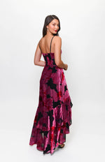 Load image into Gallery viewer, Royce Fitted Bodice Tiered High Low Dress in Black Pink Romantic Painted Floral
