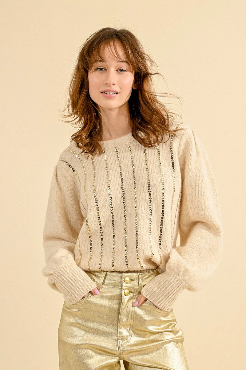 Vertical Sequin Sweater in Cream