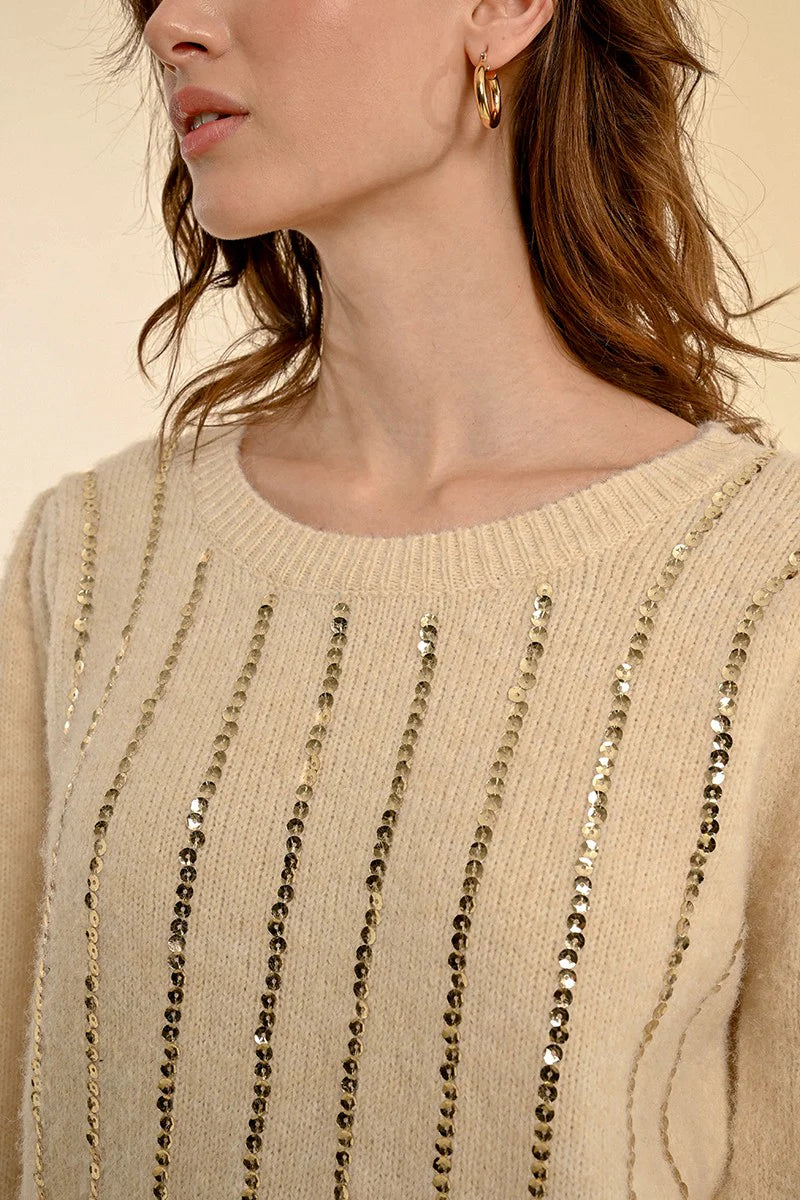 Vertical Sequin Sweater in Cream