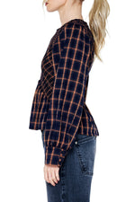 Load image into Gallery viewer, Plaid Smocked Long Sleeve Top in Navy/Brown Multi
