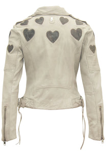 Reo RF Heart Detail Leather Jacket in Off White/Grey