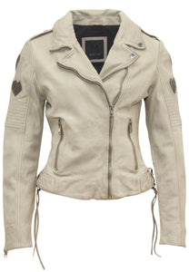 Reo RF Heart Detail Leather Jacket in Off White/Grey