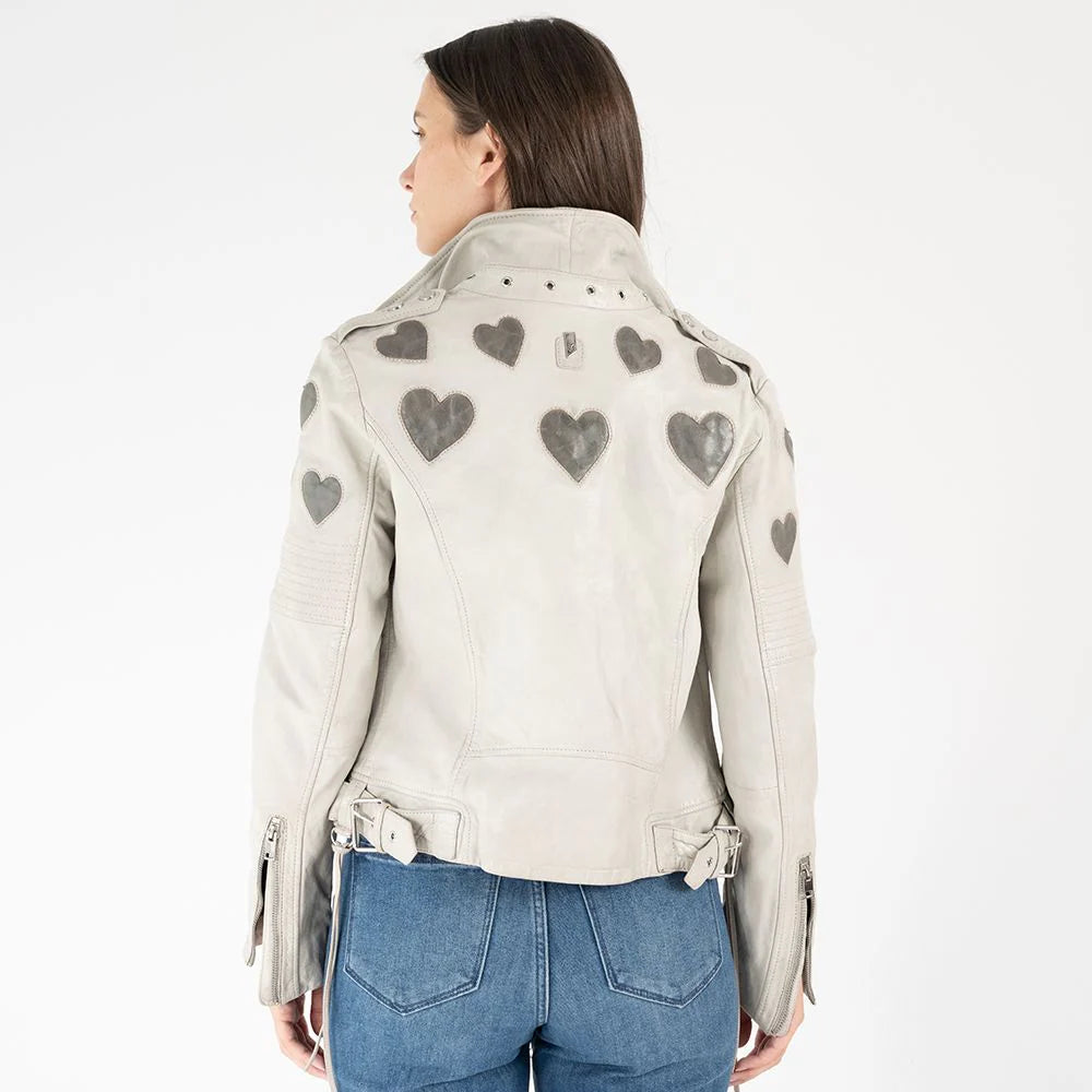 Reo RF Heart Detail Leather Jacket in Off White/Grey