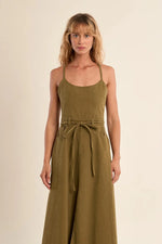 Load image into Gallery viewer, Tie Back Denim Dress in Khaki
