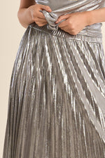 Load image into Gallery viewer, Pleated Knit Midi Skirt in Metallic Silver
