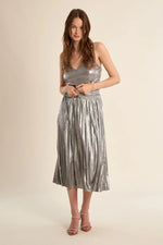 Load image into Gallery viewer, Pleated Knit Midi Skirt in Metallic Silver
