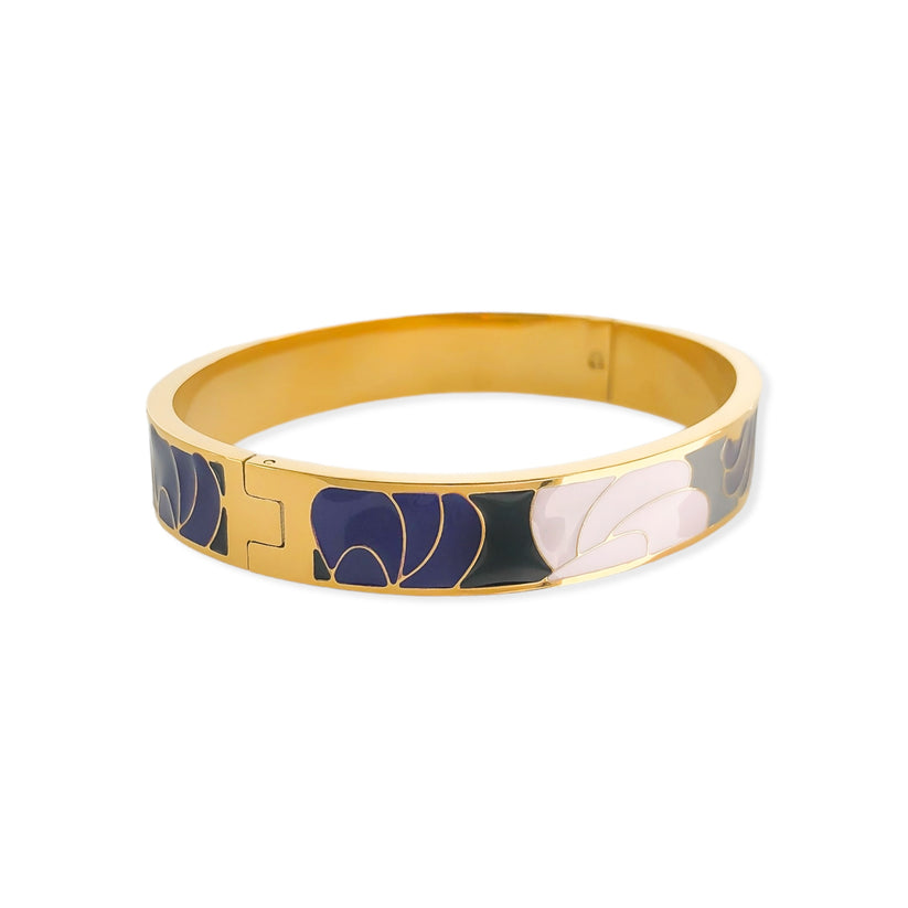 Gold Plated Abstract Enamel Bangle in Grey/Pink/Purple