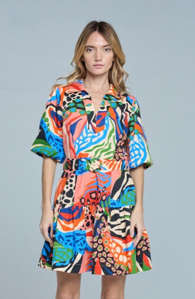 Printed Bubble Sleeve Mini Dress in Red Multi