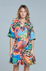 Load image into Gallery viewer, Printed Bubble Sleeve Mini Dress in Red Multi
