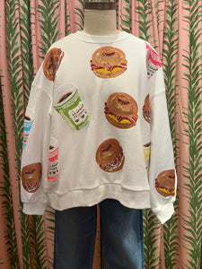 Bagel Sandwich and Coffee Sweatshirt in White