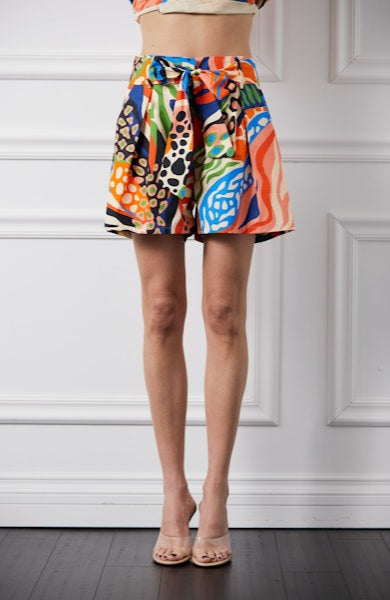 Belted Pintuck Printed Shorts in Red Multi