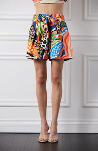 Belted Pintuck Printed Shorts in Red Multi