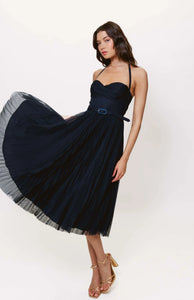 Rumor Twist Front Tulle Maxi Dress in Navy