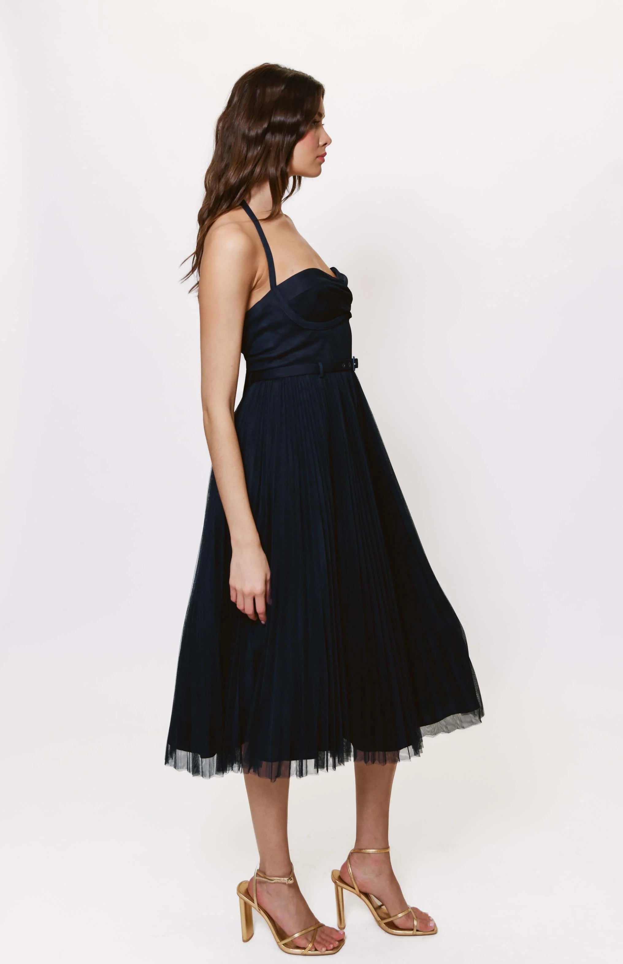 Rumor Twist Front Tulle Maxi Dress in Navy