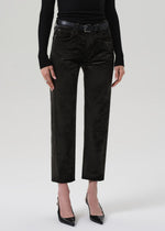 Load image into Gallery viewer, Delfina High Rise Straight Velvet in Olive Leaf
