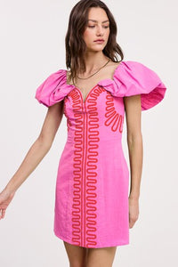 Linen Off Shoulder Embroidered Mini Dress in Fuchsia