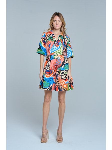 Printed Bubble Sleeve Mini Dress in Red Multi