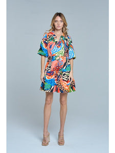 Printed Bubble Sleeve Mini Dress in Red Multi