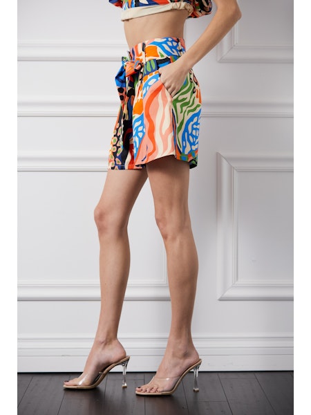 Belted Pintuck Printed Shorts in Red Multi
