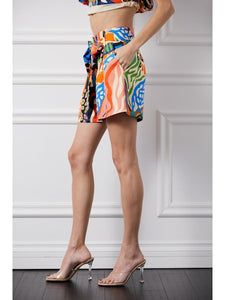 Belted Pintuck Printed Shorts in Red Multi