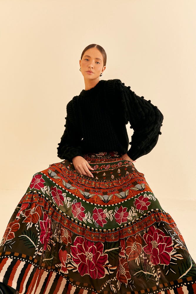Multicolor Ainika Floral Garden Tiered Maxi Skirt in Multi