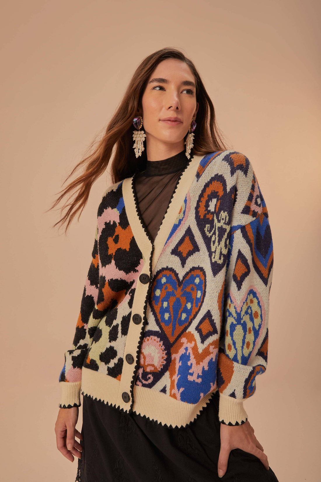 Mixed Ikat Hearts Knit Cardigan in Multi