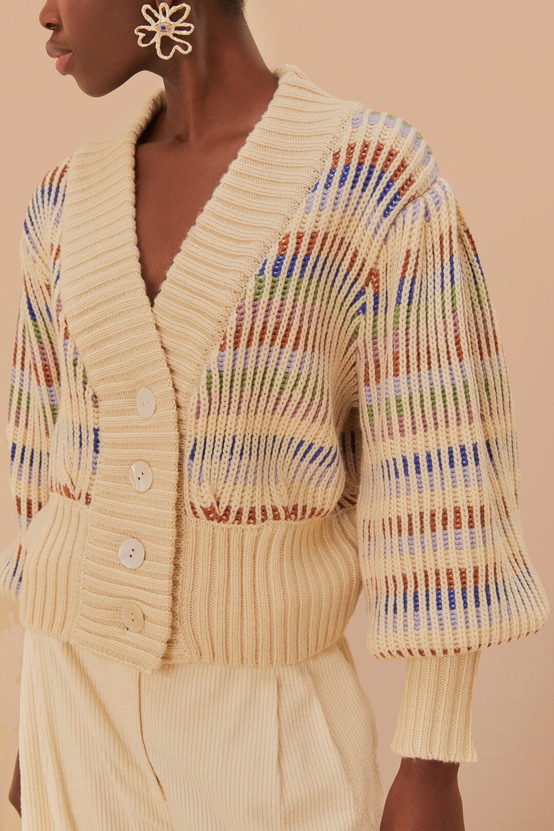 Bold Stich Knit Cardigan in Cream/Multi