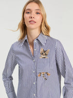 Load image into Gallery viewer, Magda Embroidered Cat Blouse in Blue Stripe
