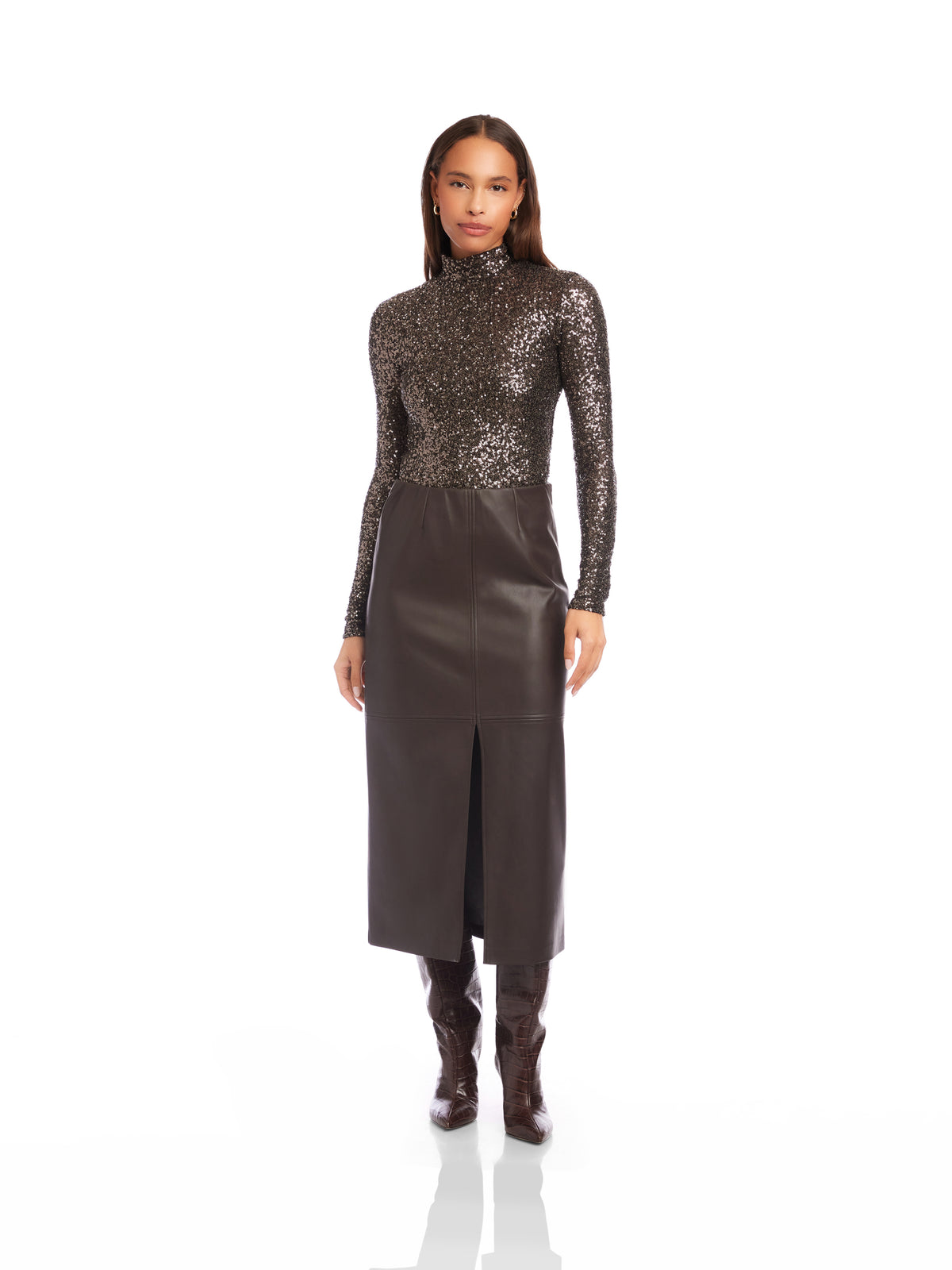Kaia Faux Leather Midi Skirt in Brown