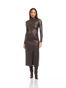 Kaia Faux Leather Midi Skirt in Brown